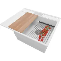 PrimaGran Spülbecken Weiß 62x53cm, Granitspüle 1 Becken + Ablauf-Set + Küchenzubehörset, Küchenspüle ab 45er Unterschrank - Sydney Pocket