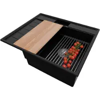 PrimaGran Spülbecken Schwarz 62x53cm, Granitspüle 1 Becken + Ablauf-Set + Küchenzubehörset, Küchenspüle ab 45er Unterschrank - Sydney Pocket