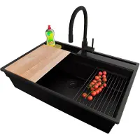 PrimaGran Granitspüle Alles Schwarz 78x53cm, Spülbecken 1 Becken + Ablauf-Set + Küchenzubehörset, Küchenspüle ab 80er Unterschrank - Oslo Pocket
