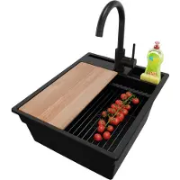 PrimaGran Granitspüle Alles Schwarz 43x53cm, Spülbecken 1 Becken + Ablauf-Set + Küchenzubehörset, Küchenspüle ab 45er Unterschrank - Oslo Pocket