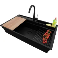 PrimaGran Granitspüle Alles Schwarz 88x53cm, Spülbecken 1 Becken + Ablauf-Set + Küchenzubehörset, Küchenspüle ab 90er Unterschrank - Oslo Pocket