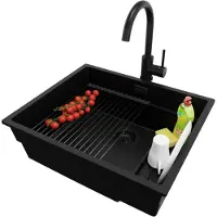 PrimaGran Unterbauspüle Granit Alles Schwarz 56x47cm, Spülbecken 1 Becken + Ablauf-Set + Küchenzubehörset, Granitspüle ab 60er Unterschrank - Praga