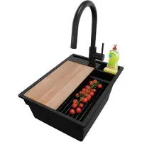PrimaGran Granitspüle Alles Schwarz 38x53cm, Spülbecken 1 Becken + Ablauf-Set + Küchenzubehörset, Küchenspüle ab 40er Unterschrank - Oslo Pocket