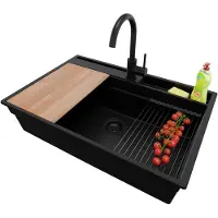 PrimaGran Granitspüle Alles Schwarz 78x53cm, Spülbecken 1 Becken + Ablauf-Set + Küchenzubehörset, Küchenspüle ab 80er Unterschrank - Oslo Pocket