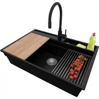 PrimaGran Granitspüle Schwarz 78x53cm, Spülbecken 1 Becken + Ablauf-Set + Küchenzubehörset, Küchenspüle ab 80er Unterschrank - Oslo Pocket