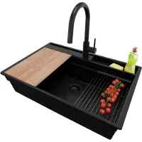 PrimaGran Granitspüle Alles Schwarz 78x53cm, Spülbecken 1 Becken + Ablauf-Set + Küchenzubehörset, Küchenspüle ab 80er Unterschrank - Oslo Pocket