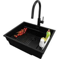 PrimaGran Unterbauspüle Granit Alles Schwarz 56x47cm, Spülbecken 1 Becken + Ablauf-Set + Küchenzubehörset, Granitspüle ab 60er Unterschrank - Praga
