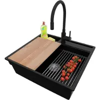 PrimaGran Granitspüle Schwarz 58x53cm, Spülbecken 1 Becken + Ablauf-Set + Küchenzubehörset, Küchenspüle ab 60er Unterschrank - Oslo Pocket