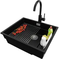PrimaGran Unterbauspüle Granit Schwarz 56x47cm, Spülbecken 1 Becken + Ablauf-Set + Küchenzubehörset, Granitspüle ab 60er Unterschrank - Praga
