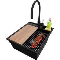 PrimaGran Granitspüle Schwarz 43x53cm, Spülbecken 1 Becken + Ablauf-Set + Küchenzubehörset, Küchenspüle ab 45er Unterschrank - Oslo Pocket