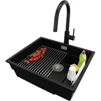 PrimaGran Granitspüle Schwarz 56x47cm, Spülbecken 1 Becken + Ablauf-Set + Küchenzubehörset, Küchenspüle ab 60er Unterschrank - Praga Slim