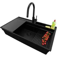 PrimaGran Granitspüle Alles Schwarz 88x53cm, Spülbecken 1 Becken + Ablauf-Set + Küchenzubehörset, Küchenspüle ab 90er Unterschrank - Oslo Pocket