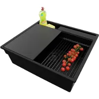 PrimaGran Spülbecken Alles Schwarz 58x53cm, Granitspüle 1 Becken + Ablauf-Set + Küchenzubehörset, Küchenspüle ab 60er Unterschrank - Oslo Pocket