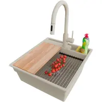 PrimaGran Granitspüle Beige 48x53cm, Spülbecken 1 Becken + Ablauf-Set + Küchenzubehörset, Küchenspüle ab 50er Unterschrank - Oslo Pocket
