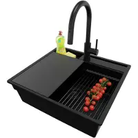 PrimaGran Granitspüle Alles Schwarz 58x53cm, Spülbecken 1 Becken + Ablauf-Set + Küchenzubehörset, Küchenspüle ab 60er Unterschrank - Oslo Pocket