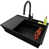 PrimaGran Granitspüle Alles Schwarz 78x53cm, Spülbecken 1 Becken + Ablauf-Set + Küchenzubehörset, Küchenspüle ab 80er Unterschrank - Oslo Pocket