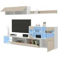 Dmora Wohnwand Daade, Modulares Eck-Wohnzimmerset, Multipositions-Wohnzimmermöbel mit LED-Licht, 260x41h180 cm, Eiche und Weiß