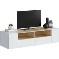 Dmora TV-Ständer Dmolino, Wohnzimmer TV-Sideboard, Moderner Fernsehständer, Niedriges Mehrzweck-Sideboard, 138x42h36 cm, Weiß und Eiche