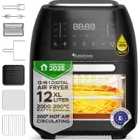 TurboTronic Heißluftfritteuse XL 12 l – AF260 – digitaler Airfryer & Dörrautomat, 40–200 °C, Dörrfunktion, Frittierkorb, Drehspieß, Heißluftofen, Schwarz schwarz