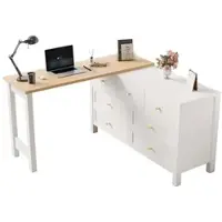 Merax Schreibtisch mit Kommode, 120×40×70 cm, 360° drehbare Tischplatte mit 7 Schubladen, L-förmiger Bürotisch & Sideboard in Weiß/Eicheoptik