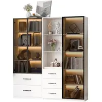 Merax LED Vitrinenschrank 140×40×160 cm, Glasvitrine & Bücherregal, Multifunktionsschrank mit Schubladen, staubdichte Vitrine mit Beleuchtung, weiß