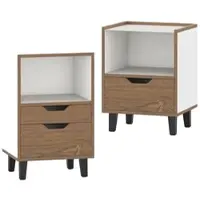 Costway Nachttisch-Set, 2 Stück, kleiner Beistelltisch mit offenem Fach und Schublade, Sofatisch mit Metallstützbeinen