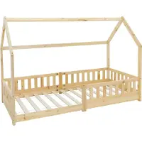ML-Design Kinderbett 90x200 cm mit Rausfallschutz, Dach und Lattenrost, Natur, Hausbett aus massivem Kiefernholz, Bodenbett, Holzbett