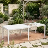 Dmora Gartentisch Dmanz, Rechteckiger ausziehbarer Esstisch, ausziehbarer Gartentisch in Rattan-Optik, 100 % Italy, 150x90h72 cm, Weiß
