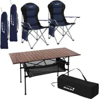 HAUKI Campingmöbel Set 3tlg., Klapptisch Braun mit 2 Campingstühlen Blau inkl. Tragetasche