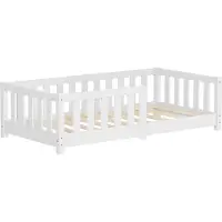 ML-Design Kinderbett 70x140 cm Weiß Bodenbett für Kinder mit Lattenrost und Rausfallschutz Jugendbett aus massivem Kiefernholz Bettgestell Babybett