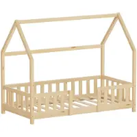 ML-Design Kinderbett 80x160cm mit Rausfallschutz, Dach & Lattenrost Natur Montessori Bodenbett aus massivem Kiefernholz Hausbett für Mädchen & Jungen