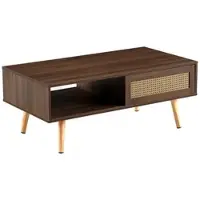 OKWISH Couchtisch Beistelltisch Rattanoptik mit Schiebetür und Stauraum Wohnzimmertisch Massivholzbeine Braun
