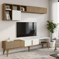 Dmora Wohnzimmermöbel Dmalavas, Modulares Wohnzimmerset, Mehrzweck-Wohnzimmermöbel, Moderner TV-Schrank, 180x35h40 cm, Walnuss und Weiß
