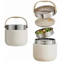 Unyqoos Thermobecher 1200 ml, doppelwandig vakuumisoliert (6 Std warm / 8 Std kalt), lebensmittelechter Edelstahl, 2‑Fächer mit Silikondeckeln, auslaufsicher, inkl. klappbarem Edelstahl-Löffel
