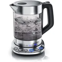 Arendo - Rauchglas Glas Wasserkocher mit Temperatureinstellung - Edelstahl - Warmhaltefunktion 30min - 1,5 Liter Füllmenge - Borosilikatglas - Basisstation aus Edelstahl - Modernes Design