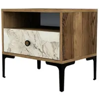 Dmora Nachttisch Dpidon, Niedrige Kommode, Tisch, Multifunktionaler Nachttisch, 56x40h51 cm, Nussbaum und Weißer Marmor