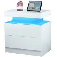 OKWISH Nachttisch Holzwerkstoff Weiß mit LED-Beleuchtung, 2 Schubladen und offenem Fach, modern und platzsparend