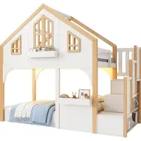 OKWISH Etagenbett 90x200 Hausbett mit LED Beleuchtung,Kinderbett mit Stauraum-Treppen,Holzbett mit Fensterdesign,Weiß(ohne Matratze)
