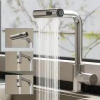 Doporro Wasserfall Wasserhahn Küche Hochdruck mit 3 Strahlarten und Einhebel-Mischbatterie, ausziehbare Spültischarmatur Gebürstet silber Turnix-02