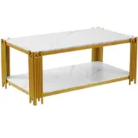OKWISH Couchtisch Marmoroptik Glatte Oberfläche Metallbeine Zwei Ablagen Stauraum Wohnzimmer MDF Gold+Weiß