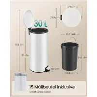 Songmics Mülleimer Küche, weiß, 30 L, mit Deckel, Softclose