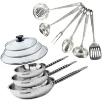 Fackelmann Set mit 3 Edelstahlpfannen 20, 24 und 28 cm, 3 Glasdeckeln und 6 Edelstahlutensilien Eterna