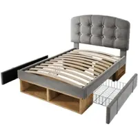 OKWISH Polsterbett 90x200 Einzelbett mit gebogenem höhenverstellbarem Kopfteil Jugendbett Funktionsbett mit Schubladen und offenen Fächern Bettgestell mit Lattenrost Grau (ohne Matratze)