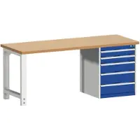 Bott Werkbank cubio, mit Schubladenschrank, Rotbuchenholz, B 2000 x T 750 x H 840 mm, 1200 kg, enzianblau/lichtgrau