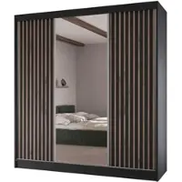Beautysofa Schiebetürenschrank LICO II - 200cm Kleiderschrank mit Spiegel & Schubladen & Lamellen (Schwarz + Schwarz)