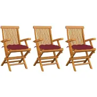 vidaXL Gartenstühle mit Weinroten Kissen 3 Stk. Massivholz Teak
