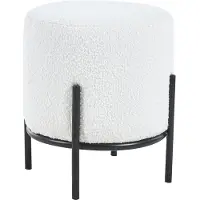 SalesFever Polsterhocker rund Ø35 cm | Bezug Bouclé Stoff | Design-Gestell aus Metall | B 35 x T 35 x H 38 cm | weiß – schwarz