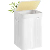 Songmics Wäschekorb, 95 L, mit Deckel, faltbar, Bambus, herausnehmbarer und maschinenwaschbarer Innenbeutel, für Bad und Schlafzimmer, Weiß LCB060W01