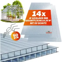 Gardebruk 14x Polycarbonat Hohlkammerstegplatten 4mm 50x Edelstahl Gewächshausklammern 10,25 m² Doppelstegplatte 1210x605 Stegplatte Gewächshausplatte