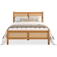 Idimex Massivholzbett CEFIRA 140x190 cm mit Rattangeflecht, Eiche Finish - Doppelbett aus massivem Kiefernholz, stabiles Holzbett im Boho-Stil